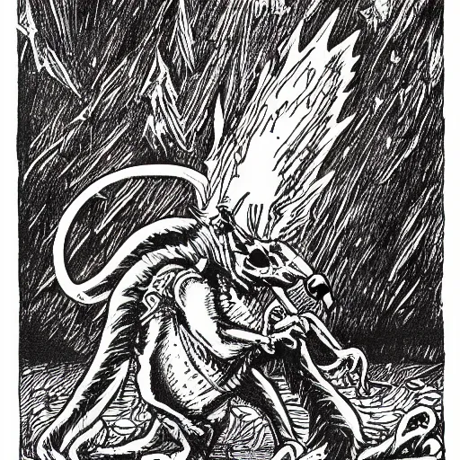 Image similar to electric rat with lightning bolt tail, a D&D monster, full body, pen-and-ink illustration, etching, by Russ Nicholson, DAvid A Trampier, larry elmore, 1981, HQ scan, intricate details, Monster Manula, Fiend Folio