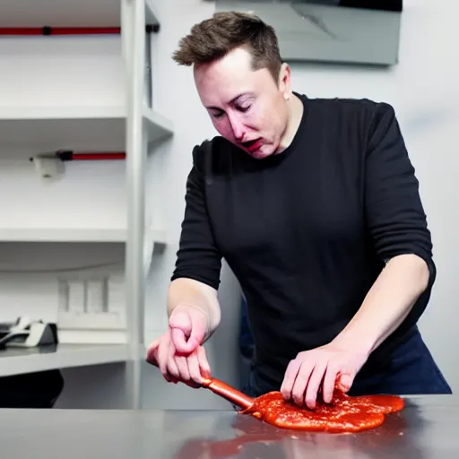 Image similar to elon musk pouring ketchup in a caja - madrid office.