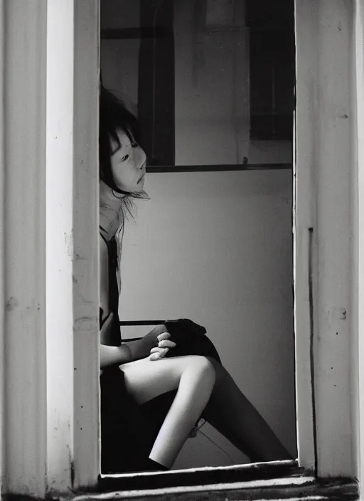 Prompt: photography girl looking sitting next to window by mikiko hara