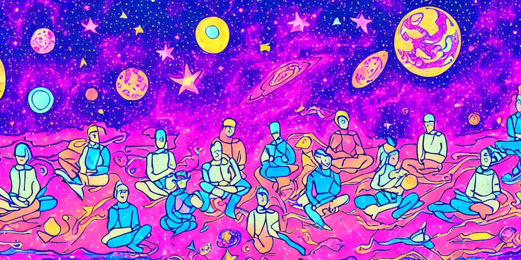 Image similar to twelve astronauts sitting by the river with a big holiday cake + psychedelic vegetation + purple, pink, blue + planets and stars + mystical fog, super detail, high quality