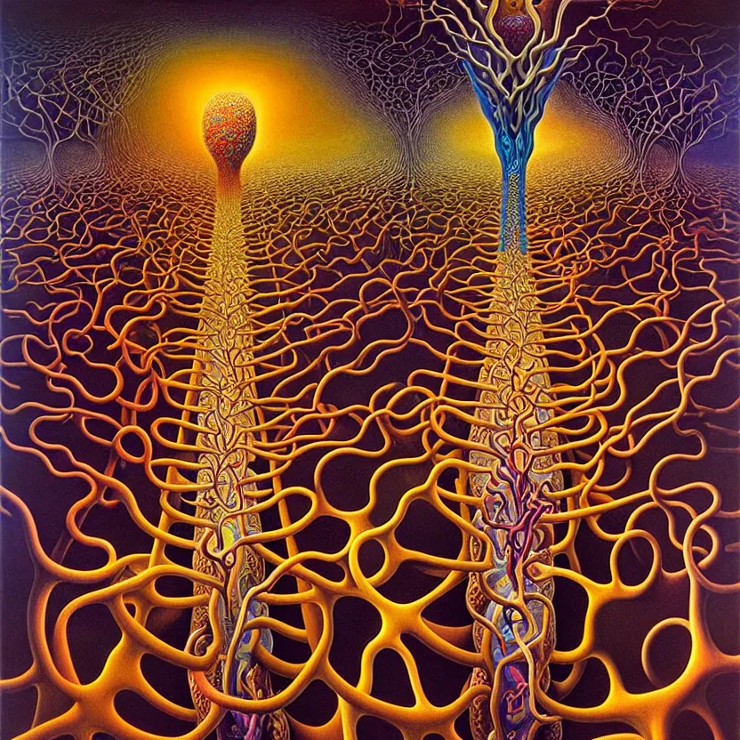 Prompt: infinite fractals of neuron cells, surreal, by salvador dali and mc escher and alex grey and zdzisław beksinski, oil on canvas, hd, dreams, intricate details, warm colors