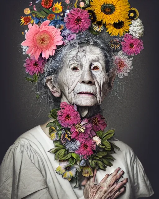 Prompt: a portrait of a fleshy old woman covered in flowers in the style of guiseppe arcimboldo and james jean, covered in wispy gray hair with a hint of neon, hd 3 d, cinematic shot, volumetric lighting, 8 k