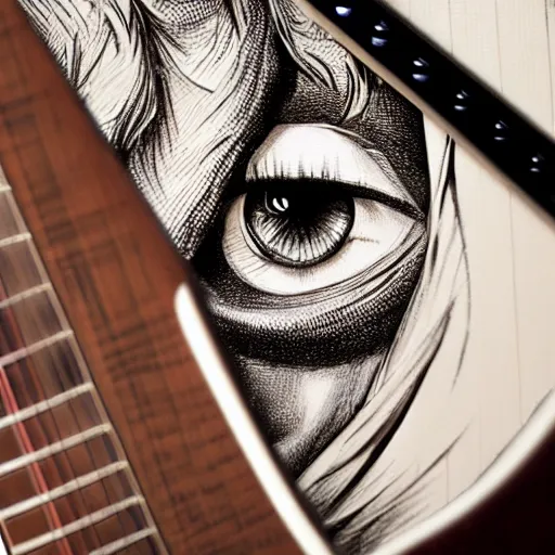 Image similar to eyes, guitar, extremely Highly detailed, Occult, funny, humorous, humor, hilarious, funny, entertaining, magical, trending on artstationHQ, closeup, D&D, intricate, elegant, highly detailed, digital painting, artstation, concept art, matte, sharp focus, illustration, surrealism