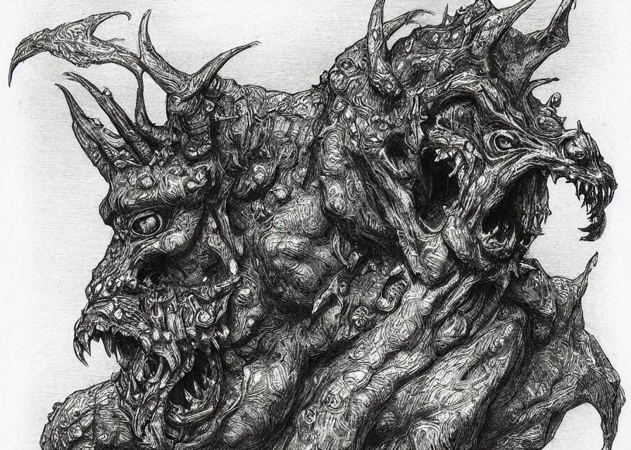 Prompt: “gargoyle demon, pencil illustration by Gustave Dore”