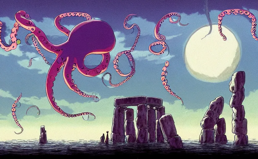 Image similar to a realistic cell - shaded studio ghibli concept art from paprika ( 2 0 0 6 ) of a flying multi - colored octopus from close encounters of the third kind ( 1 9 7 7 ) and a grey long - haired witch in a flooded stonehenge on a misty starry night. very dull colors, wide shot, hd, 4 k, hq