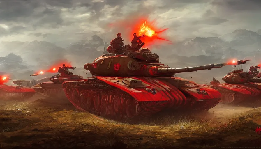 Image similar to red army on a hill with red tanks, dnd, fantasy, hyperdetailed, artstation, cgsociety, 8 k, propaganda poster