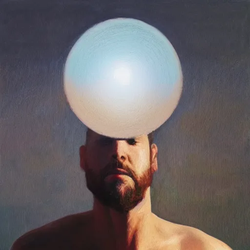 Image similar to An orb of light orbiting around a man's head, oil on canvas painting, pastel colours, depth of field, spot-lighting