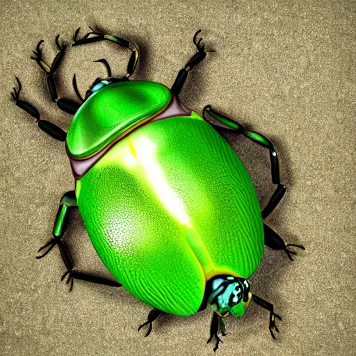 Image similar to green beetle with snail home, photorealistic, close - up