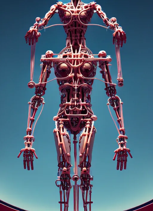 Image similar to space station exterior, a statue jesus on cross made of red marble, perfect symmetrical body, full body shot, inflateble shapes, wires, tubes, veins, white biomechanical, wearing epic bionic cyborg implants, masterpiece, intricate, biopunk, vogue, highly detailed, artstation, concept art, cyberpunk, octane render