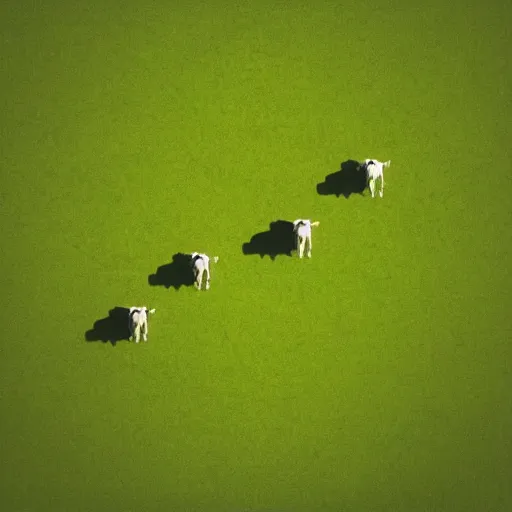 Image similar to cows casting a shadow being abducted by ufo in summer night from pasture. aerial view, minimalism, precisionist in style of patrick nagel, purple and green gamma with contrast and shadows