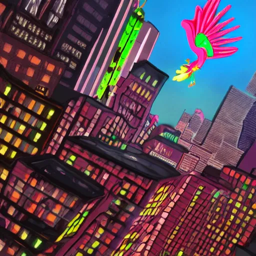 Image similar to a neonpunk avatar chicken, flying over new york