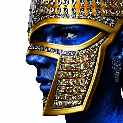 Prompt: photo of a real-life beautiful warrior with sapphire encrusted armour, highly detailed, 4k