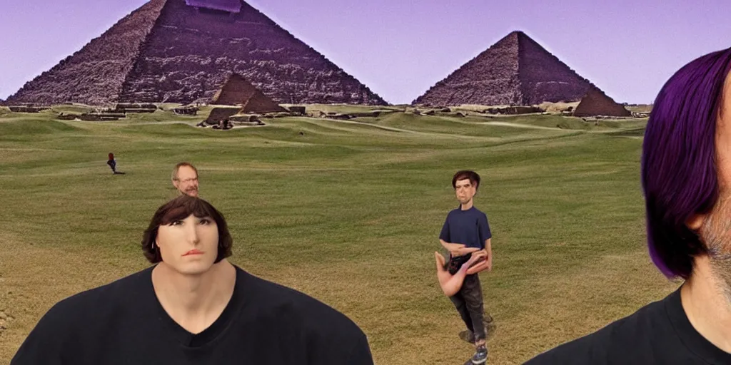 Image similar to landscape, steve jobs and a boy with purple hair in front of the pyramids, hyperrealism, intricate, 8 k, high detail