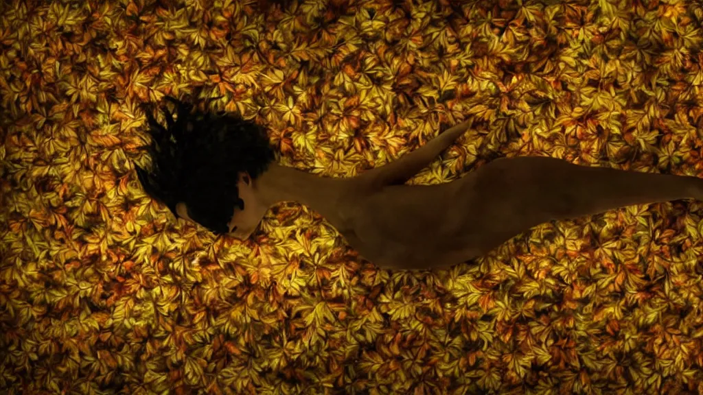 Image similar to the strange creature on the ceiling, made of and leaves and wax, film still from the movie directed by Denis Villeneuve with art direction by Salvador Dalí, wide lens