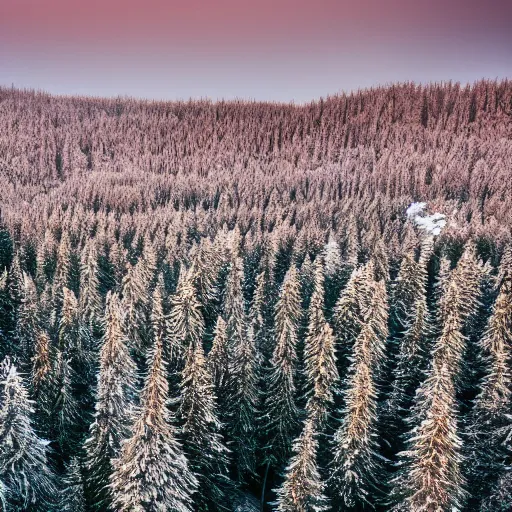 Prompt: a forest of spruce trees, dusted in snow, at early dawn, nature, high quality, dreamlike