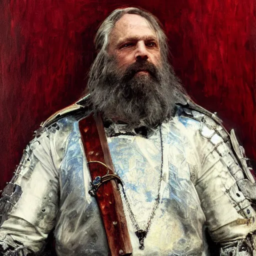 Image similar to Solomon Joseph Solomon and Richard Schmid and Jeremy Lipking victorian genre painting portrait painting of a old rugged movie actor medieval knight character in fantasy costume, red background