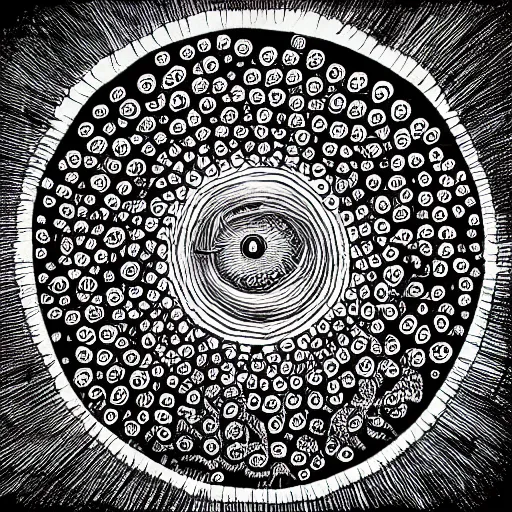 Prompt: an interdimensional portal made of hundreds of creepy eyeballs staring at you contrast detailed horror ink pen drawing