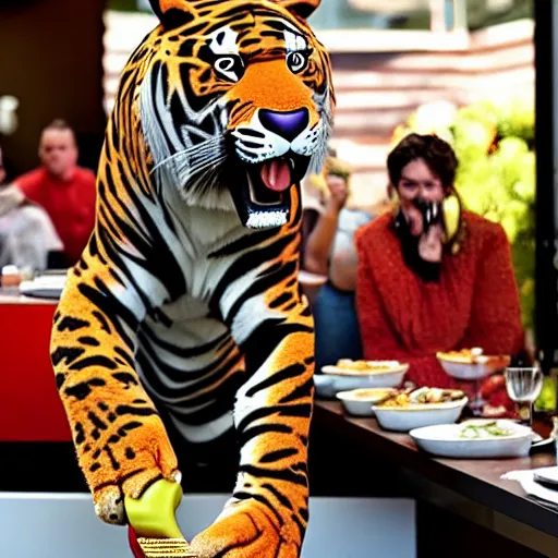 Image similar to tony the tiger eating a juicy steak while people watch