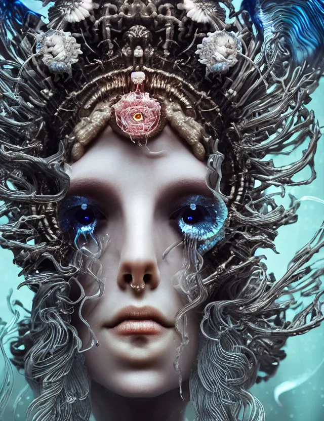 Image similar to goddess macro close - up portrait wigh crown made of ram skull. betta fish, jellyfish phoenix, bioluminiscent, plasma, ice, water, wind, creature, super intricate ornaments artwork by tooth wu and wlop and beeple and greg rutkowski