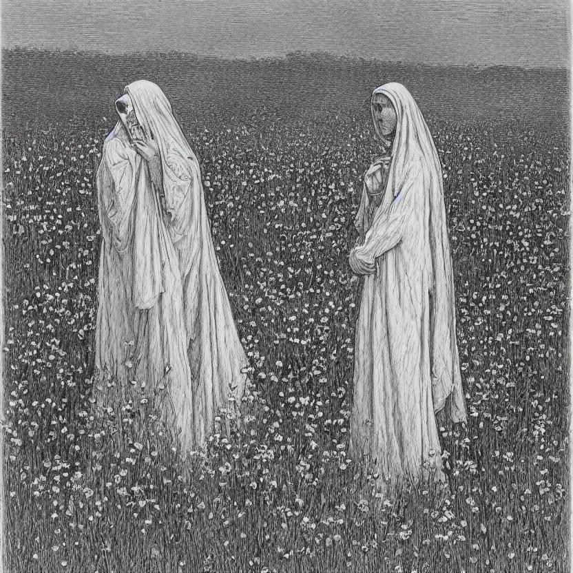 Image similar to faceless grim reaper with veil over face at distance in beautiful meadow of flowers, detailed pencil illustration by gustave dore, highly detailed, centered, high resolution, smooth, sharp focus, illustration