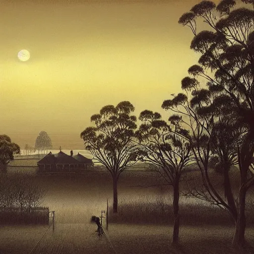 Prompt: A beautiful Australian Country Town, by Zdzislaw Beksinski, dark, high contrast, 4k