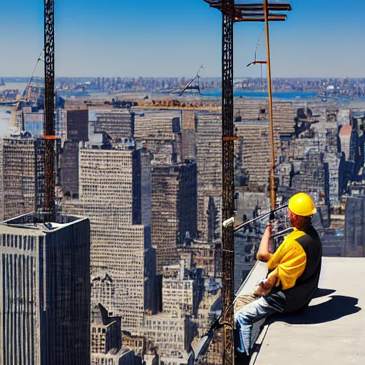 Prompt: a construction worker with a fishing rod sitting on a metal beam high over new york city, photography