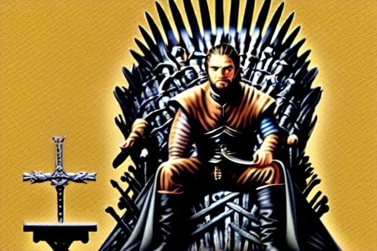 Prompt: man sitting, on a throne made of money, in the style of alex ross, game of thrones