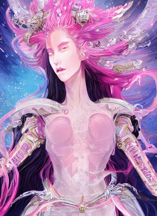 Image similar to close-up of character concept portrait of a Italian Japanese Celestial Goddess as a royal pink wizard conjuring a violent void multiversal spell, a floating iridescent blade sword of chaos from God of War in the center, luxury, high-end, chic, intricate, elegant, digital painting, concept art, smooth, sharp focus, illustration, from Metal Gear, by Ruan Jia and Mandy Jurgens and William-Adolphe Bouguereau, Artgerm