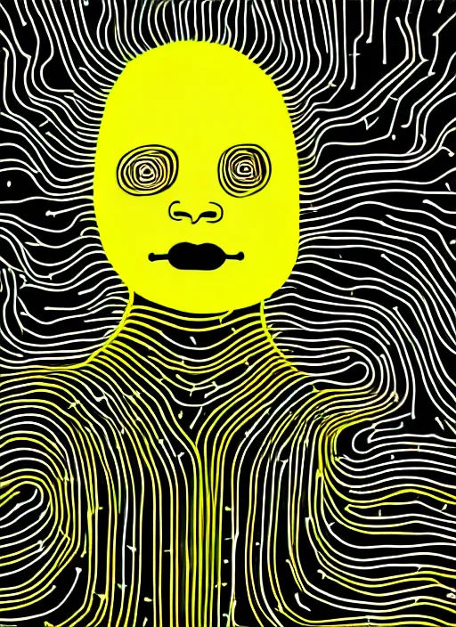 Image similar to highly detailed closeup portrait of wasteland long glowing yellow and white plasma hair cute happy tribal lady, stray electric spark wiring by jean jullien, 4 k resolution, gradient yellow, black and white color scheme!!! ( ( dystopian city background ) )