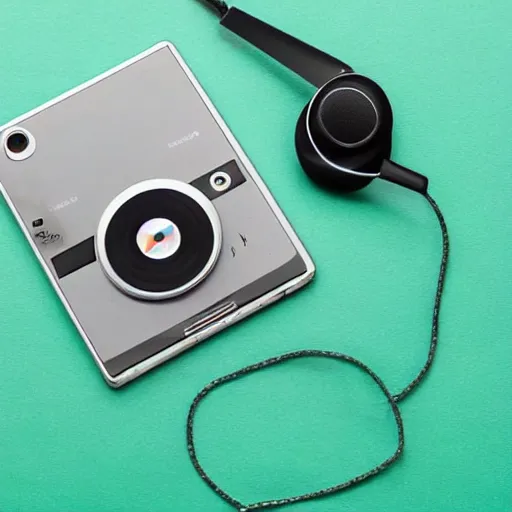 Prompt: a smartphone made of a compact cassette tape, listening to music with headphones, pop art