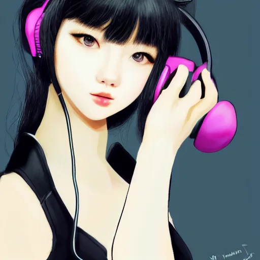 Image similar to realistic beautiful gorgeous natural cute Blackpink Lalisa Manoban black hair cute fur black cat ears, wearing white camisole, headphones, black leather choker artwork drawn full HD 4K highest quality in artstyle by professional artists WLOP, Taejune Kim, Guweiz on Pixiv Artstation