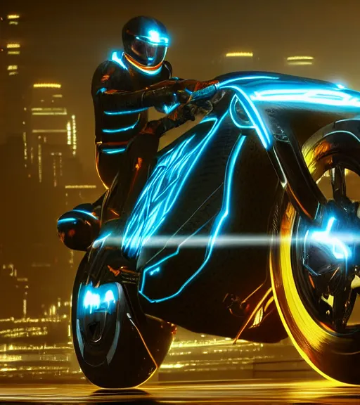 Prompt: tron legacy crowded motorcycle race to the ancient and majestic tower of babylon destroyed, hyper realistic, ambient lighting, concept art, intricate, hyper detailed, trakovsky greatest scene, smooth, dynamic volumetric lighting, octane, raytrace, cinematic, high quality, high resolution, 4 k, cgsociety, rutkowski, gurney