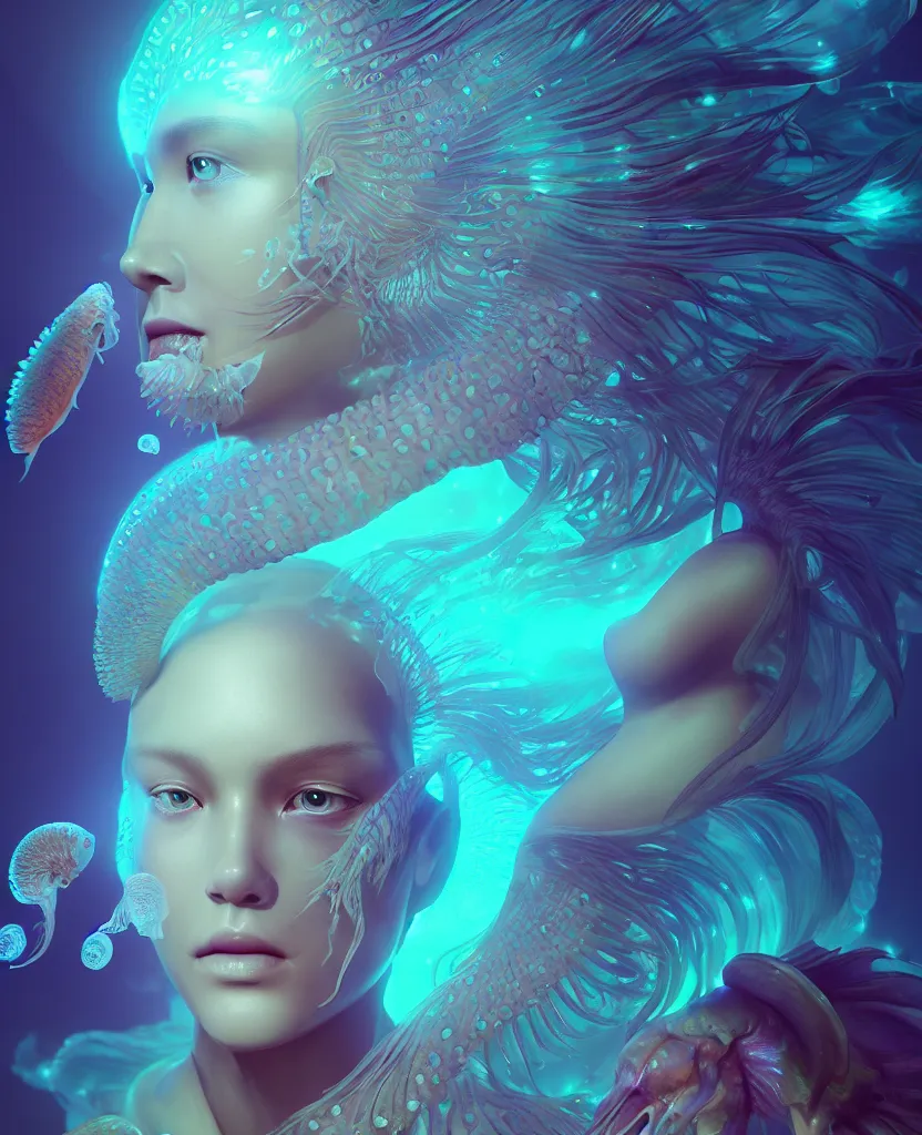 Image similar to goddess close-up portrait. jellyfish phoenix head, nautilus, orchid, skull, betta fish, bioluminiscent creatures, intricate artwork by Tooth Wu and wlop and beeple. octane render, trending on artstation, greg rutkowski very coherent symmetrical artwork. cinematic, hyper realism, high detail, octane render, 8k