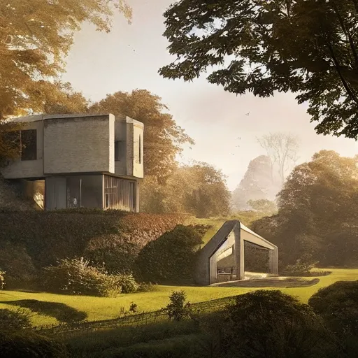 Image similar to beige house with walled in garden, on a hill surrounded by big trees, dramatic lighting, artstation, matte painting, raphael lacoste, simon stalenhag, frank lloyd wright, drone view