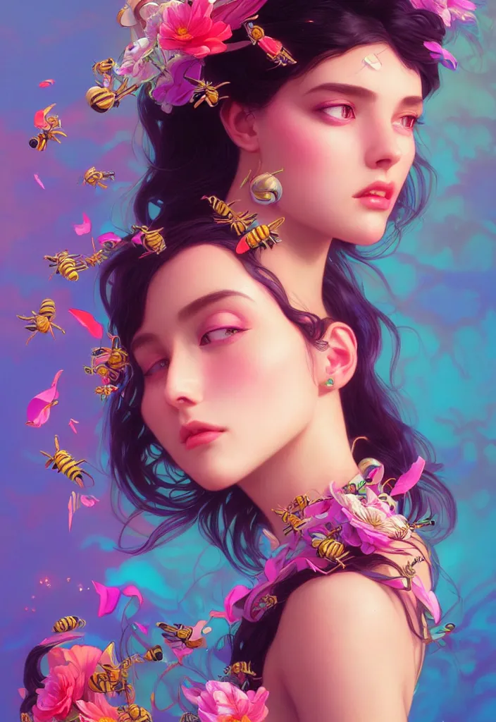 Image similar to young beautiful woman, gorgeous face, vaporwave aesthetic, synthwave, colorful, psychedelic, artstation, flowers, bees, ribbons, concept art, smooth, extremely sharp detail, finely tuned detail, 8 k, unreal engine 5, ultra sharp focus, illustration, art by artgerm and greg rutkowski and alphonse mucha