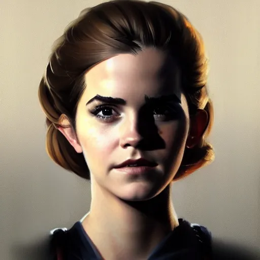 Image similar to Greg Manchess portrait painting of emma watson as Overwatch character, medium shot, asymmetrical, profile picture, Organic Painting, sunny day, Matte Painting, bold shapes, hard edges, street art, trending on artstation, by Huang Guangjian and Gil Elvgren and Sachin Teng