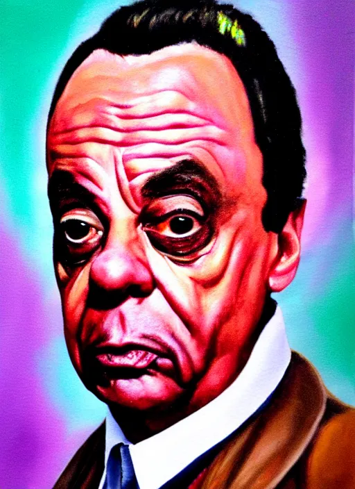 Image similar to portrait of del boy trotter, close up, high detail, radiant lighting, obscure render aesethic, magical background, gaudy colors, painting