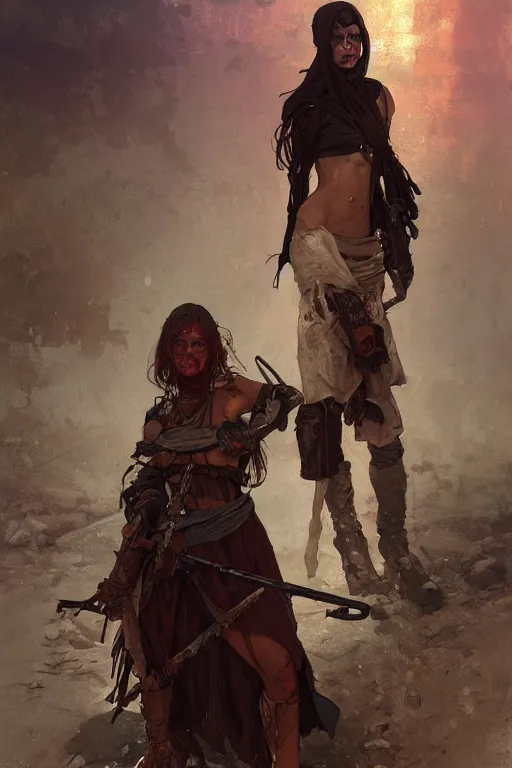 Image similar to a full body portrait of a beautiful post apocalyptic offworld shepherds quarter bedouin blind pulp fiction scarlet wild rogue barbarian leper begging by the roadside, intricate, elegant, highly detailed, digital painting, artstation, concept art, smooth, sharp focus, illustration, art by krenz cushart and artem demura and alphonse mucha