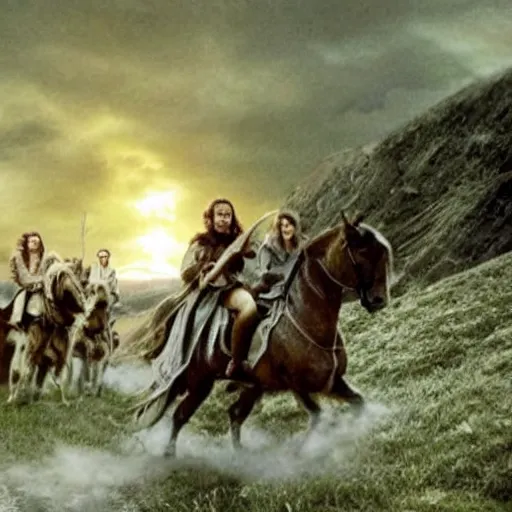 Image similar to still from lord of the rings showing the ride of the rohirrim, riding toward minas tirith on alpacas