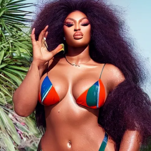 Prompt: megan thee stallion summer beach sweat dark skin hot sunlight photo - shoot photography eyelashes eyeliner eyebrows lips new song album body beautiful instagram tiktok megantheestalion