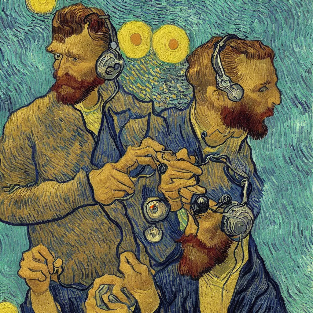 Image similar to i, a man wearing headphone and playing his iphone, by vincent van gogh