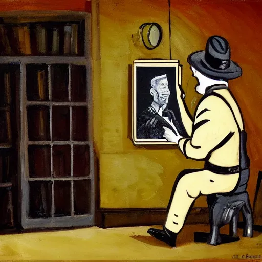 Prompt: a painting of a alligator dressed as an old timey detective explaining his theory inside a dimly lit warehouse