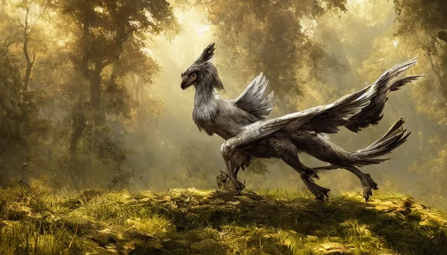 Prompt: A beautiful detailed painting of a griffin in a magical forest, ray traced sun light, by Greg Rutkowski and Kalin Popov , Trending on artstation HD.