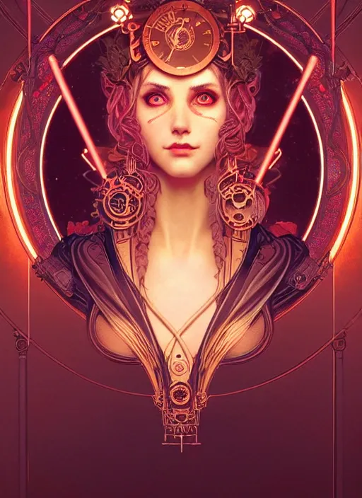 Image similar to the goddess artemis smirking, steampunk, glowing eyes, volumetric lights, red and cyan theme, art nouveau botanicals, intricate, highly detailed, digital painting, artstation, concept art, smooth, sharp focus, cinematic, illustration, beautiful face, art by artgerm and greg rutkowski and alphonse mucha