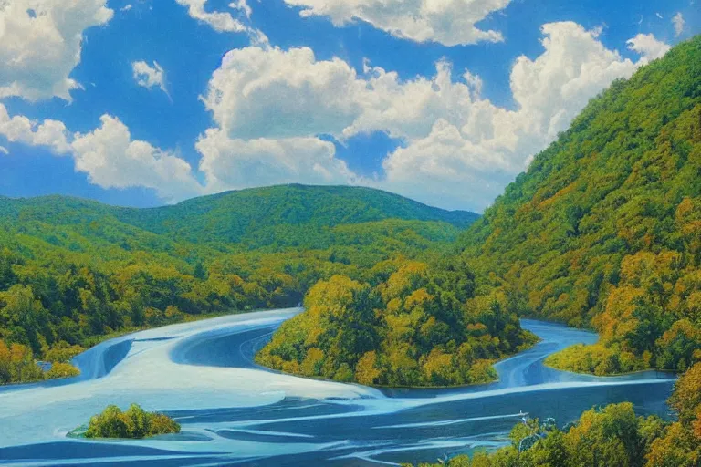 Prompt: two rivers converge to form one larger river, appalachian mixed mesophytic forest, vibrant blue sky background, by Cortes Thurman the greatest Barbizon-influenced concept artist ever known and by Joe Jusko, rendered in hyperdetailed Ultra HD, trending on ArtStation, unnerving