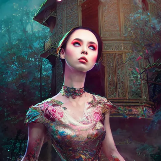 Image similar to feminine nicolas cage in intricate clothing by ross tran, walking in a castle painted by sana takeda, rtx reflections, very high intricate details, digital anime art, medium shot, mid - shot, composition by ilya kuvshinov, lighting by greg rutkowski