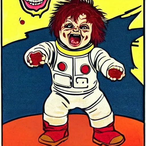 Prompt: a cute little chucky doll screaming. he is dressed as an astronaut. well composed, clean elegant painting, beautiful detailed face. comic book art by steve ditko and jack kirby and ( alphonse mucha )