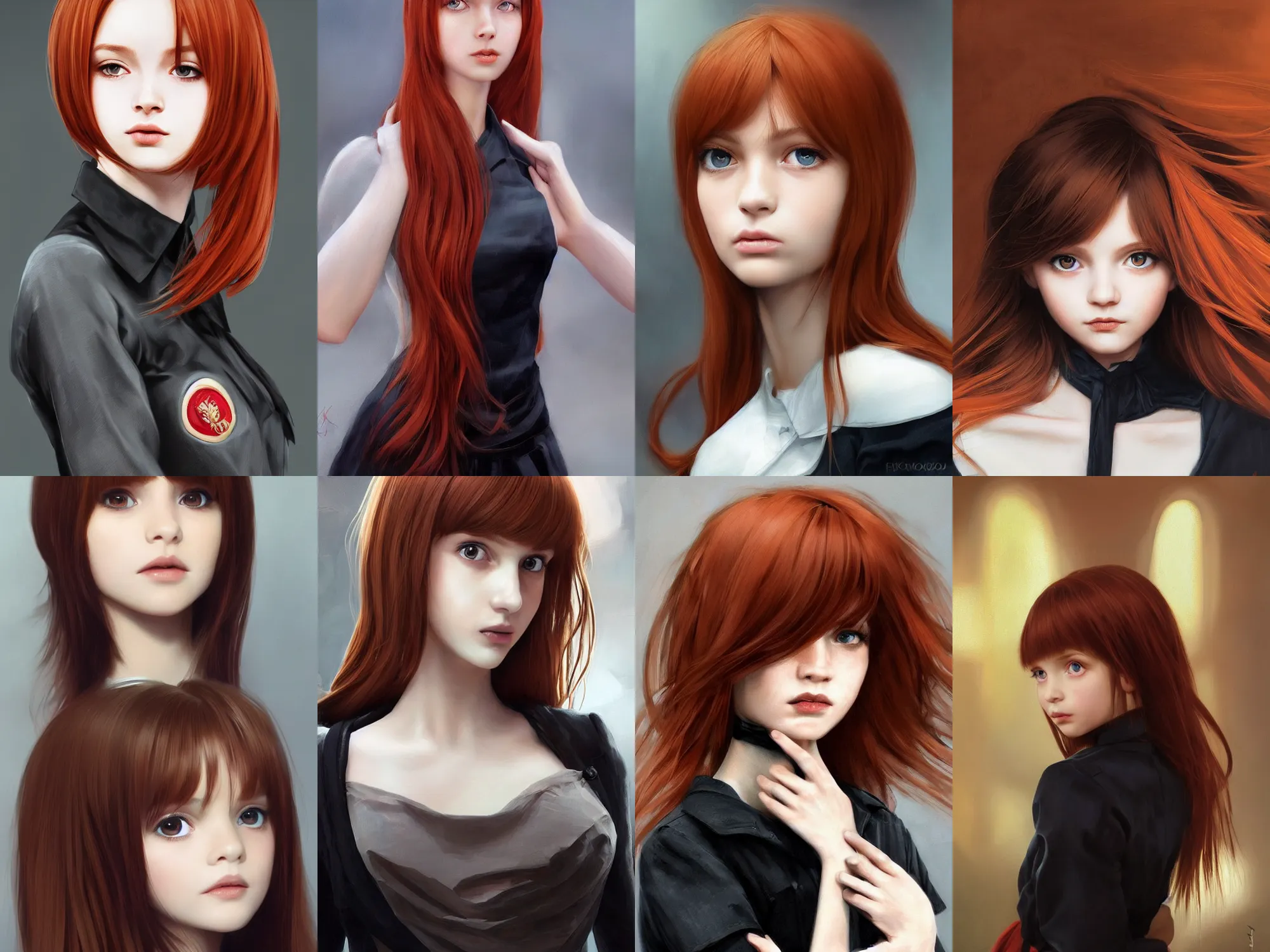 Prompt: Gorgeous ultrarealistic redhead Serbian young girl wearing sajkaca, in black uniform, silky hair, very detailed stunning deep eyes. By ilya kuvshinov, krenz cushart, Greg Rutkowski, trending on artstation. Realistic materials, large highlights, amazing textured brush strokes, accurate shape, clear curvy details, cinematic soft volumetric studio lighting, with backlight, VFX, HDR