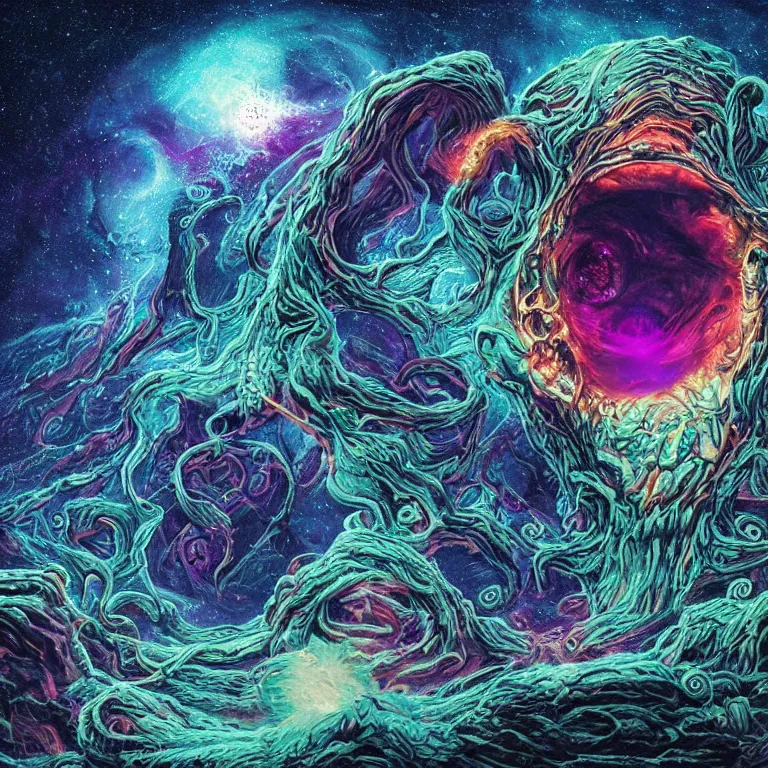 Prompt: a giant skull with deep and intricate rune carvings and glowing eyes with thick lovecraftian tentacles emerging from a space nebula by dan mumford, twirling smoke trail, a twisting vortex of dying galaxies, digital art, photorealistic, vivid colors, highly detailed, intricate