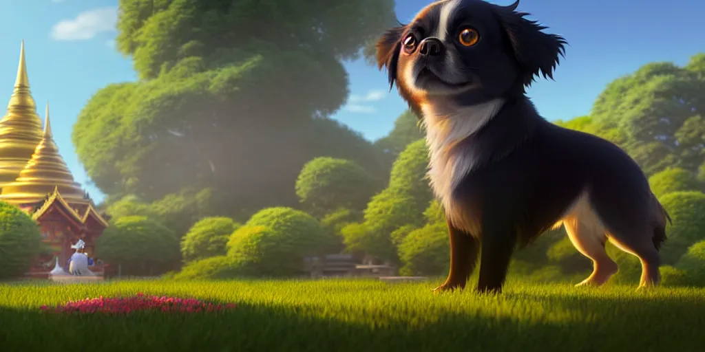 Image similar to a wholesome animation key shot of a black tibetan spaniel, thai temple in the background, studio ghibli, pixar and disney animation, sharp, rendered in unreal engine 5, anime key art by greg rutkowski, bloom, dramatic lighting